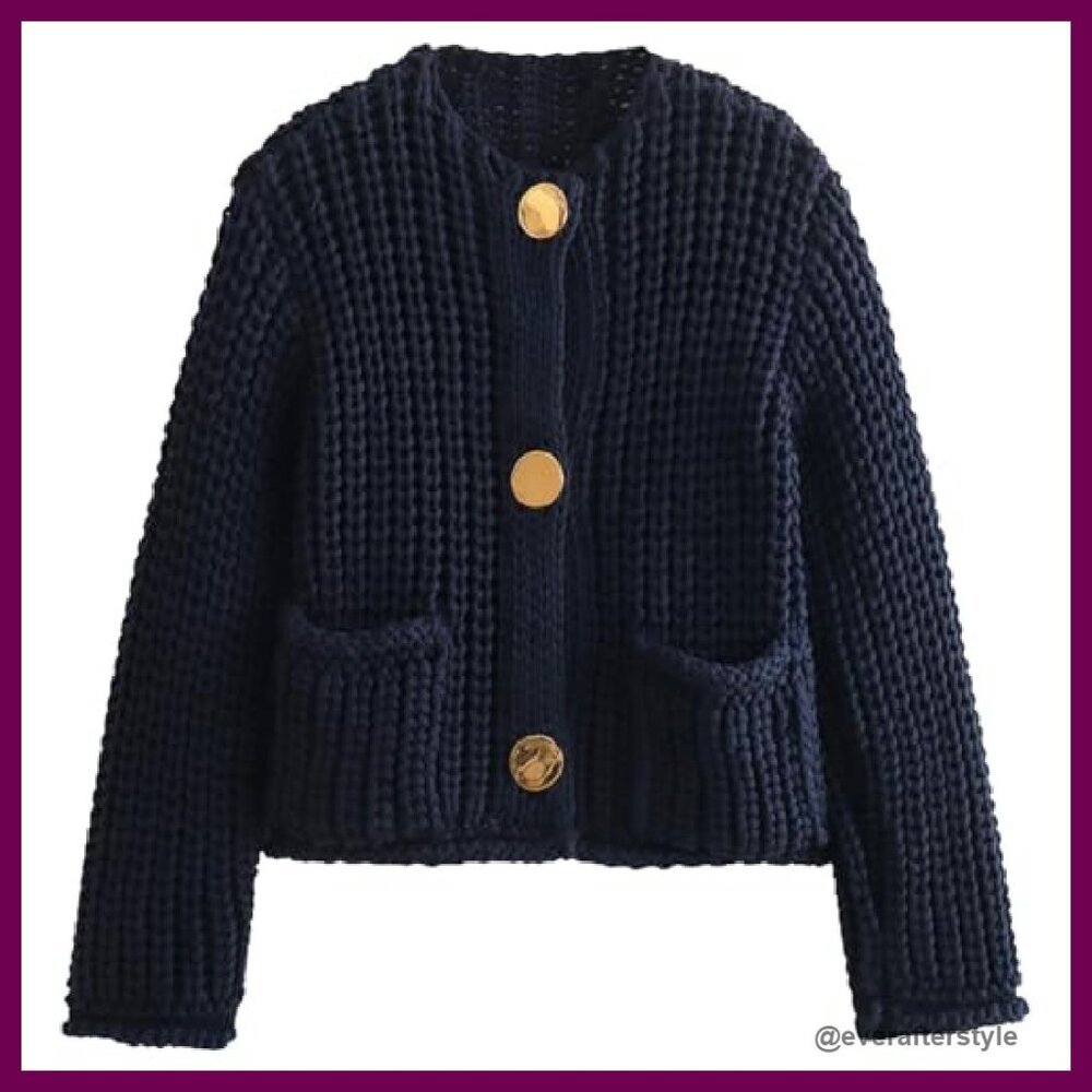 Cropped Cardigan Sweater Chunky Knit Button Down Oversized Chic Fall - Picture 2 of 8